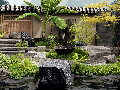 Serene Courtyard Garden With Stone Steps Banana Tree And Black Stone Fountain 3d model