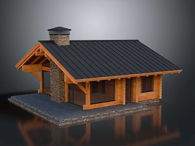Residential Wooden House With Stone Chimney Black Roof Large Windows And Stone Platform 3d model