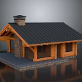 Residential Wooden House With Stone Chimney Black Roof Large Windows And Stone Platform