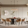 Modern Restaurant Interior Featuring Round Dining Table Beige Chairs Hanging Pendant Light And Open Kitchen 3d model