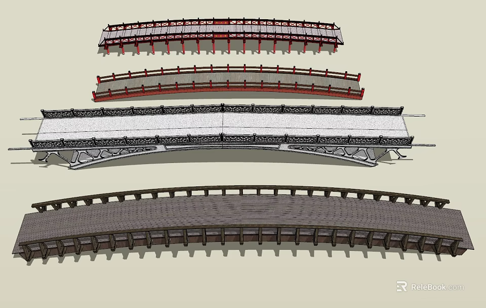 Various Bridge Designs Featuring Different Structural Elements And Railings 3d model