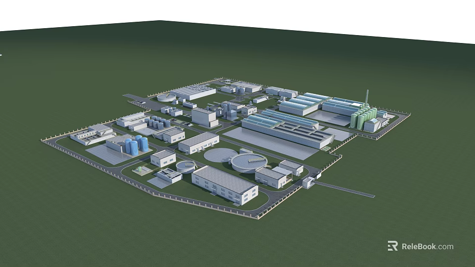 Industrial Plant Layout Featuring Multiple Buildings Storage Tanks And Large Scale Facilities 3d model