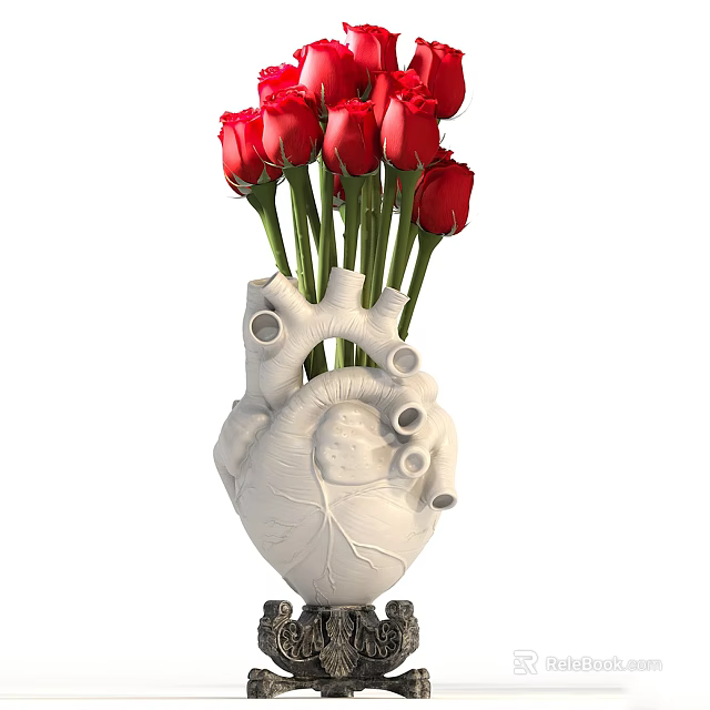 White Heart Shaped Vase With Carved Leaf Design Holding Red Roses And Green Stems 3d model 