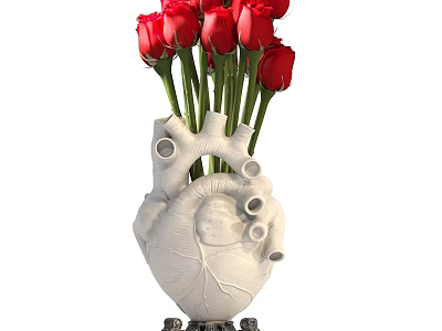 White Heart Shaped Vase With Carved Leaf Design Holding Red Roses And Green Stems 3d model