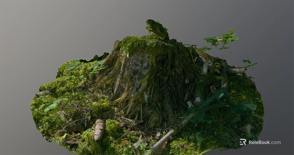 Rustic Stone And Wood Stump Covered With Green Moss And Plants 3d model 