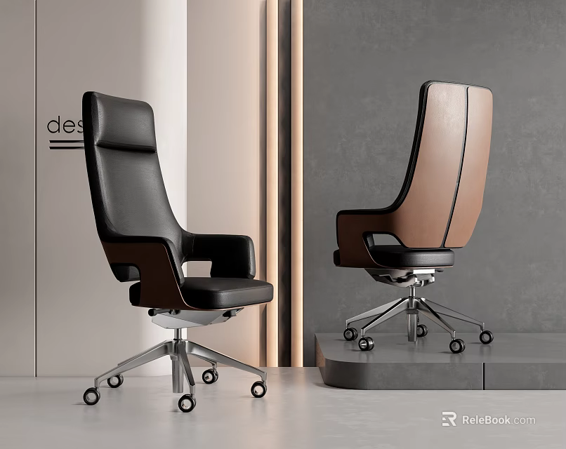 Modern Leather Office Chair in Black and Brown with Swivel Metal Base and Wheels 3d model 