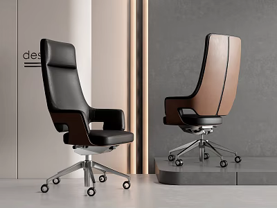 Modern Leather Office Chair in Black and Brown with Swivel Metal Base and Wheels 3d model