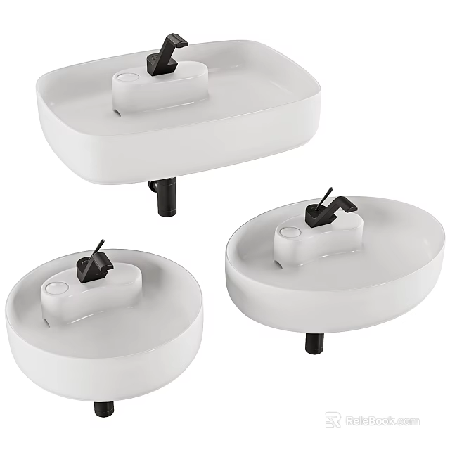 White Square And Round Bathroom Sinks With Black Faucets Design 3d model 