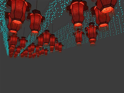 Red Hanging Lanterns Decorated With Blue String Lights For Festive Atmosphere 3d model