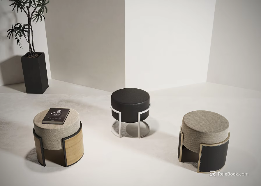 Modern Home Interior With Three Stylish Stools In Wood Fabric And Metal Design 3d model 