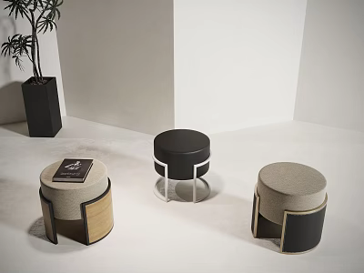 Modern Home Interior With Three Stylish Stools In Wood Fabric And Metal Design 3d model