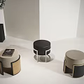Modern Home Interior With Three Stylish Stools In Wood Fabric And Metal Design