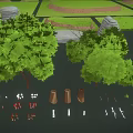 Cartoon Scene Featuring Green Terrain Various Shaped Trees Scattered Rocks And Divided Grass Plots