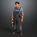 The Man Wearing Gray Work Overalls Holding A Drill Standing On Dark Background