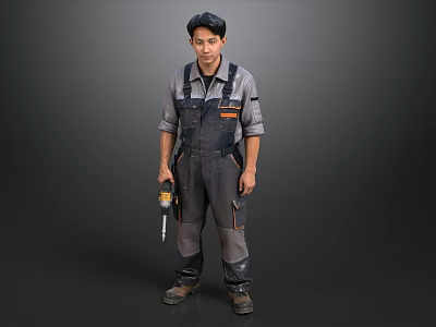 The Man Wearing Gray Work Overalls Holding A Drill Standing On Dark Background 3d model