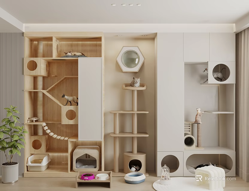 Modern Pet Cat Furniture Interior With Wooden Cat Tree House And Play Areas 3d model 