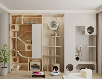 Modern Pet Cat Furniture Interior With Wooden Cat Tree House And Play Areas 3d model