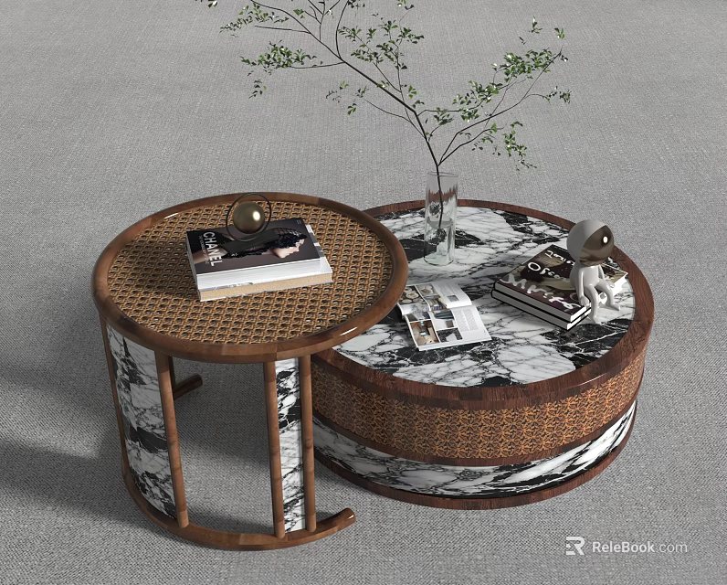 Round Wooden Coffee Table With Rattan Accents Marble Top Books Magazines Plant And Decor 3d model 