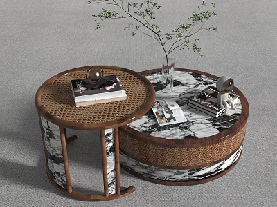 Round Wooden Coffee Table With Rattan Accents Marble Top Books Magazines Plant And Decor 3d model