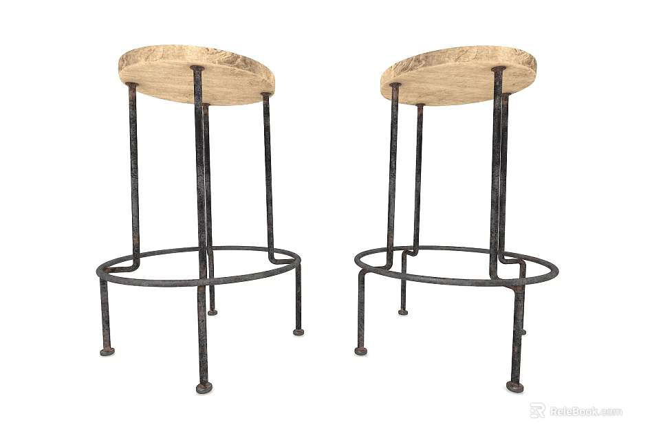 Two Modern Bar Stools With Wooden Seats And Black Metal Legs 3d model 