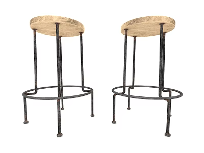 Two Modern Bar Stools With Wooden Seats And Black Metal Legs 3d model