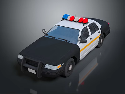Black And White Police Car With Red Blue Emergency Lights And Yellow Stripe 3d model