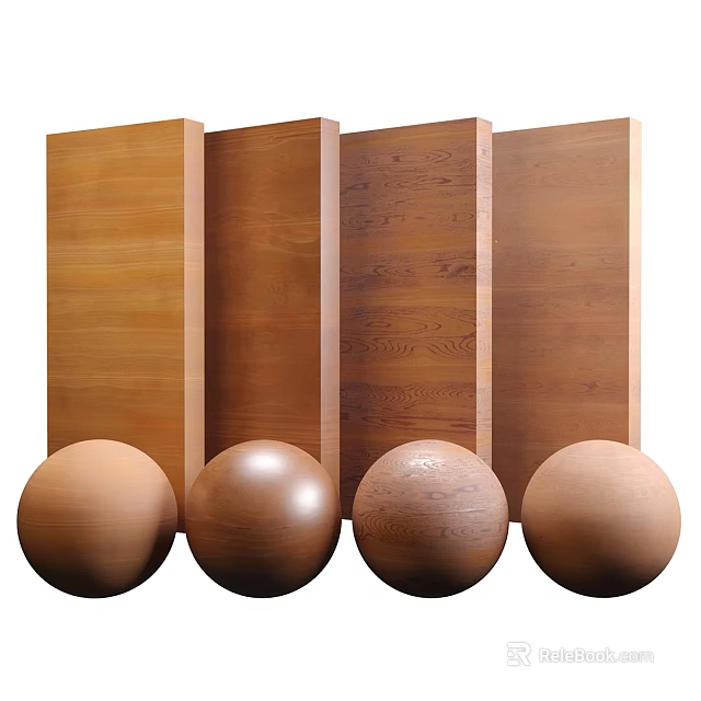 Wooden Wall Paneling with Different Textures and Four Textured Spheres in Front 3d model 