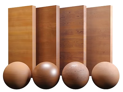 Wooden Wall Paneling with Different Textures and Four Textured Spheres in Front 3d model