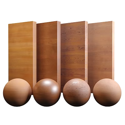 Wooden Wall Paneling with Different Textures and Four Textured Spheres in Front 3d model