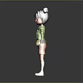 Playful 3D Cartoon Character With Bun Hairstyle Green Shirt Orange Shorts And Chest Badge