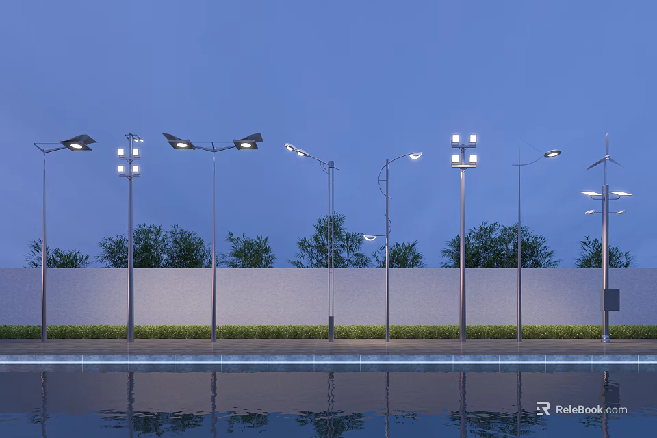 Outdoor Street Lights And Floodlights With Evening Sky Water Reflection And Trees 3d model 