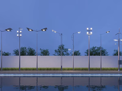 Outdoor Street Lights And Floodlights With Evening Sky Water Reflection And Trees 3d model