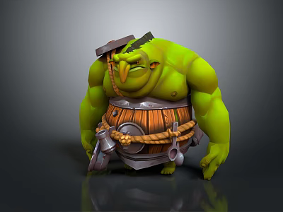 Green Creature Character With Bulky Body Wooden Barrel Belt And Tools On Waist 3d model