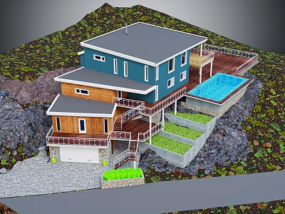 Detached Villa With Blue And Brown Exterior Wooden Deck Swimming Pool On Hillside 3d model