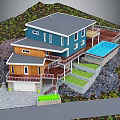 Detached Villa With Blue And Brown Exterior Wooden Deck Swimming Pool On Hillside