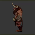 Mythical Red Skinned Monster With Large Horns Muscular Build Fur Armor Bracers And Crescent Pendant