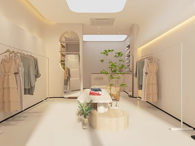 Modern Clothing Store Interior With Hanging Dresses Mirrors Green Plant And Display Table 3d model