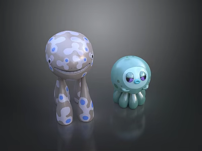 Decorative Ornament Set Featuring Two Octopus Figurines White Grey Blue Spots and Light Green 3d model