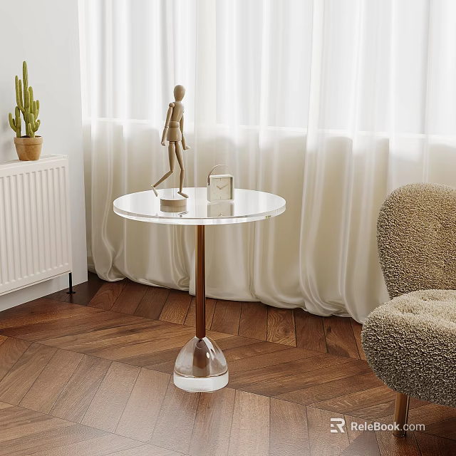 Round Glass Top Side Table with Metal Base and Decorative Sculpture in Modern Living Room 3d model 