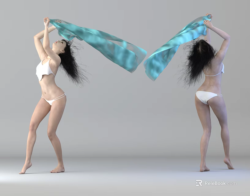 Two Women in White Bikinis Holding Flowing Blue Fabric Against White Background 3d model 