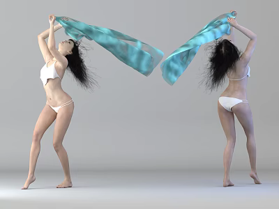 Two Women in White Bikinis Holding Flowing Blue Fabric Against White Background 3d model