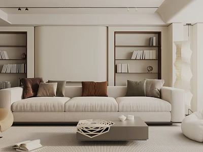 Modern Living Room Interior With Beige Sofa Throw Pillows Bookshelves And Coffee Table 3d model
