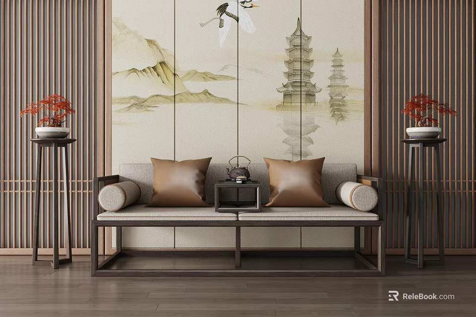 Traditional Chinese Arhat Bed With Landscape Painting Backdrop Decorative Cushions Tea Table And Flower Stands 3d model 