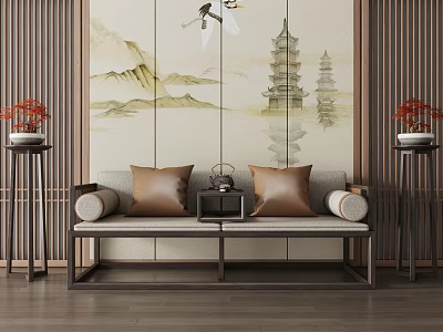 Traditional Chinese Arhat Bed With Landscape Painting Backdrop Decorative Cushions Tea Table And Flower Stands 3d model