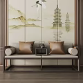 Traditional Chinese Arhat Bed With Landscape Painting Backdrop Decorative Cushions Tea Table And Flower Stands