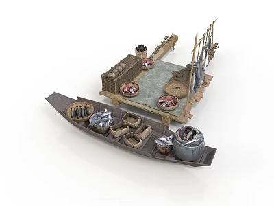 Ancient Wooden Platform With Boat Barrels Jars And Tools Setup 3d model