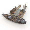 Ancient Wooden Platform With Boat Barrels Jars And Tools Setup 3d model