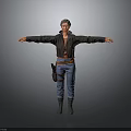 Woman In Black Jacket Blue Jeans With Brown Belt Tool Bag Arms Outstretched On Gray Background