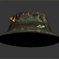 Camouflage Bucket Hat With Brown Belt Buckle Orange Decoration And Green Tag