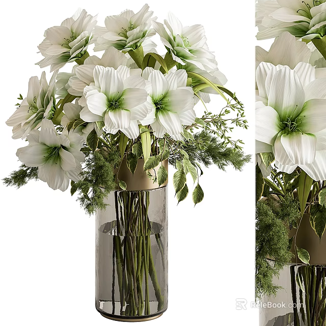 Elegant White Flowers With Green Centers In Clear Glass Vase And Fresh Green Foliage 3d model 